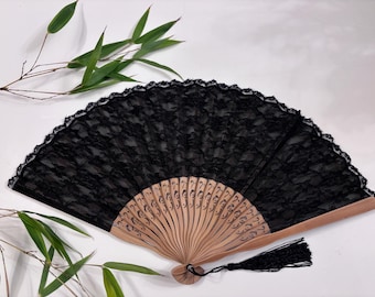 Vintage Black Lace Folding Fan with Tassel, Bamboo Wedding Accessory