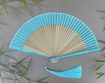 Turquoise Blue Fabric Border Handheld Folding Hand Fan with Pouch and Box Women Girls Durable High Quality Hand Fan With Turquoise Tassel