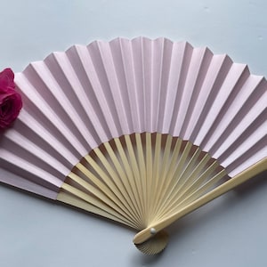 Baby Pink Paper Hand Fan: Bamboo Ribs, Tassel - Wedding Favor