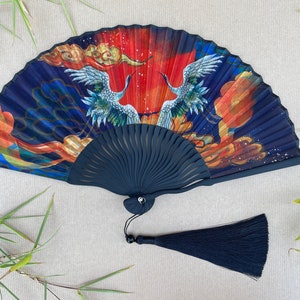 Crane Sky Artwork Folding Hand Fan with Pouch & Gift Box