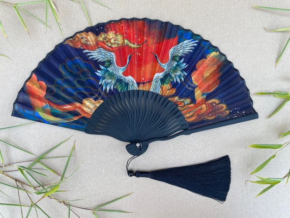 Japanese Crane Silk Fabric Hand Fan | Phoenix Bamboo Folding Fan with Black Tassel