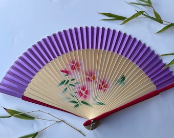 Purple Silk Fabric Hand Fan | Chinese Floral Bamboo Folding Wedding Accessory