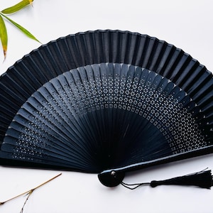 Black  Fabric Border Handheld Folding Hand Fan with a Pouch and a Box Women Girls Durable Quality Folding Fabric Hand Fan HQ Range