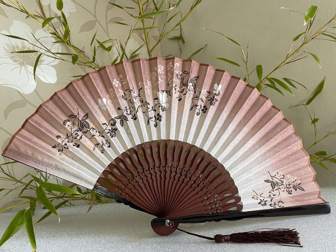 花柄コットン扇子：ブラウン、ホワイト、シルバーの竹骨 - Etsy 日本