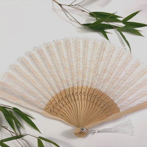 Vintage White Lace Hand Fan, Bamboo Ribs Folding Fans With a Tassel & a pouch - White