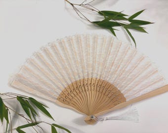 Vintage White Lace Hand Fan, Bamboo Ribs Folding Fans With a Tassel & a pouch - White