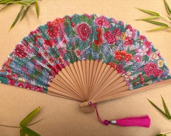 Rose Garden Silk Folding Fan, Bamboo Ribs, Floral Ascot Accessory (Pouch Included)