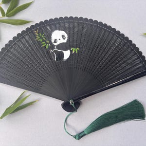 Engraved Panda Bamboo Hand Fan with Pouch - Gothi Creations