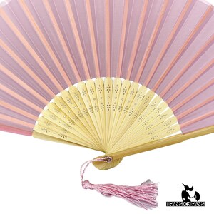 Pack of 10 Soft Pink Handheld Fabric Folding Fan with a Tassel Grade A Bamboo Ribs Wedding Party Favour Handheld Fan image 4