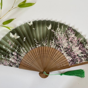 Olive Green Silk Fabric Bamboo Ribs Hand Held Fan with a Pouch , Beautiful Butterfly & Flower print RSF03