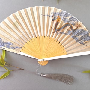 Ivory Sulk  Fabric with Dragon Print Handheld Folding Hand Fan with Pouch and Box Women Girl Durable High Quality With Tassel