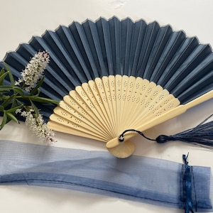 Navy Blue  (Dark ) colour  Silk Fabric Fan with a Tassel Grade A Bamboo Ribs Wedding Party Favour Handheld Fan
