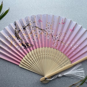 Pink Silk Fabric Bamboo Ribs Hand Held Fan with a Pouch , Beautiful Butterfly & Sakura  Flowers with Gold colour leaves