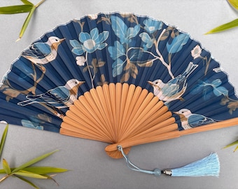 Blue Bird Silk Folding Fan Bamboo Hand Fan Ascot Wedding Guest Gift
