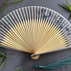 Camellia  flowers, Greyish Ivory Silk Fabric Fan a Beautiful Handcrafted Box a Super Soft Fabric Pouch Folding Hand