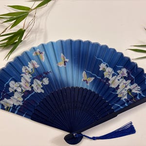 Blue Silk Hand Fan: Bamboo Ribs, Butterfly & Flower Print