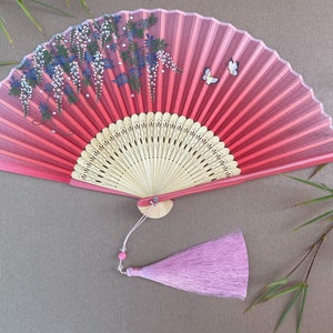 Pink Handheld Folding Hand Fan with a Pouch and a Box Women Girls Durable Quality Folding Fabric Fan HQ Range with Flowers Artwork