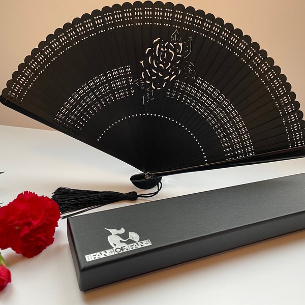HIGH QUALITY RARE wooden rose patterns engraved Hand Fan with a Gift Box and a Pouch