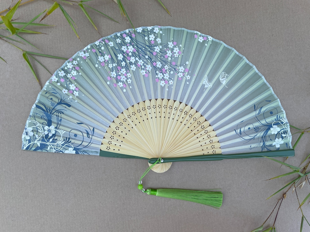 Green Handheld Folding Hand Fan With a Pouch and a Box Women Girls Durable Quality Folding