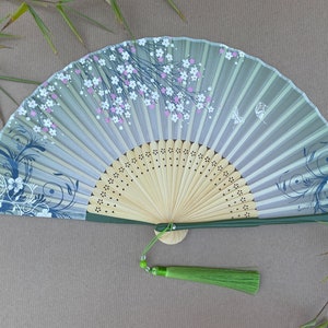 Floral Green Folding Hand Fan with Pouch & Gift Box