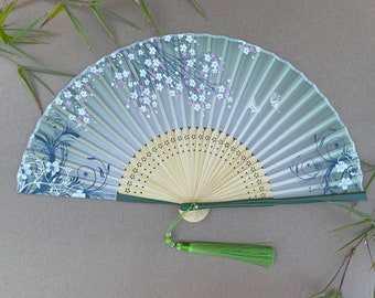 Green Handheld Folding Hand Fan with a Pouch and a Box Women Girls Durable Quality Folding Fabric Fan HQ Range with Flowers Artwork