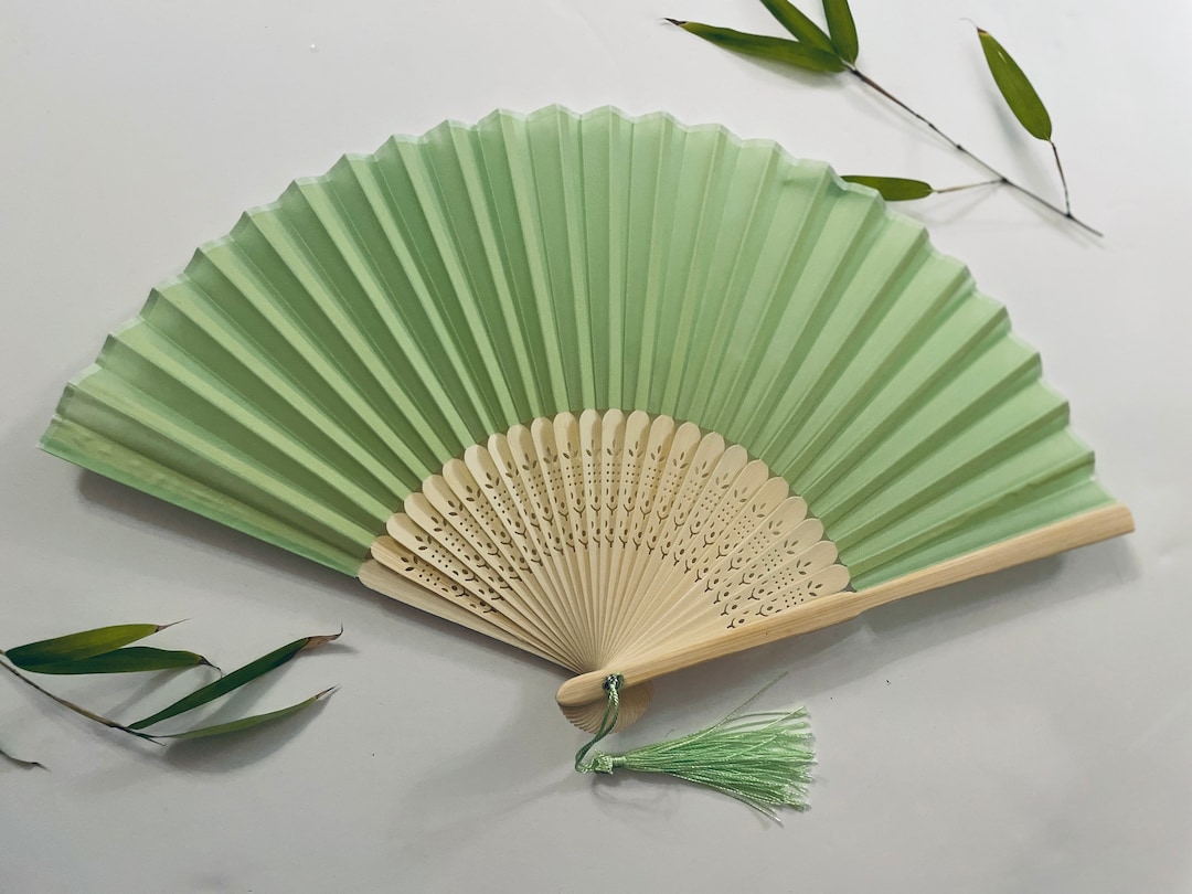 Light Sage Green Colour Silk Fabric Hand Fan With a Tassel Grade A