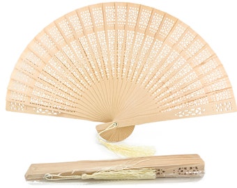 Sandalwood Type Folding Hand Fan Natural Wooden Style Fan With a Ivory Tassel Hollow-Out Patterns 38cm / 15 inch Open Width