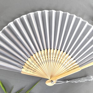 Silver Grey Fabric Fan: Bamboo Ribs, Tassel, Wedding Favor