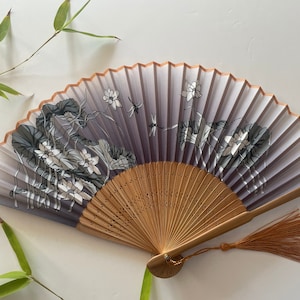 1 x Lotus flowers and dragon flies print Handheld Folding Hand Fan , Silk Fabric Bamboo Ribs