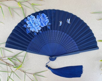 Large Flowers and Butterflies Printed Blue Fabric Handheld Folding Hand Fan with a Pouch and a Box Women Girls Durable Quality Fan HQ Range