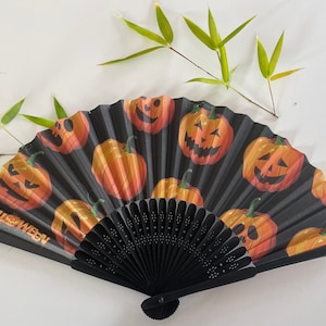Handmade Halloween Paper Hand Fan: Black Bamboo Ribs, Pumpkins
