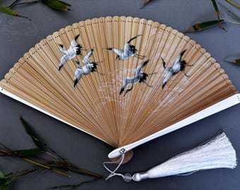Crane Bamboo Folding Hand Fan, Japanese Style Wedding Accessory, Oriental Art Gift (Includes Pouch)