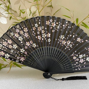 Black Silk Hand Fan: Bamboo Ribs, Pink Sakura Flower Print