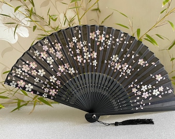 Black Silk Fabric Bamboo Ribs Hand Held Fan with a Pouch , Beautiful pink Sakura Flower print