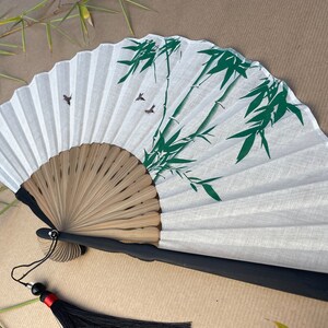 White Handheld Folding Hand Fan with a Pouch and Box Women Girls Durable Quality Folding Fabric Fan HQ Range with Bamboo Trees Artwork image 6