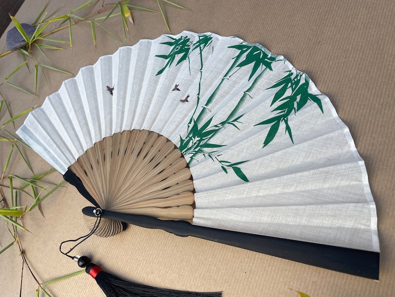 White Handheld Folding Hand Fan with a Pouch and Box Women Girls Durable Quality Folding Fabric Fan HQ Range with Bamboo Trees Artwork image 6