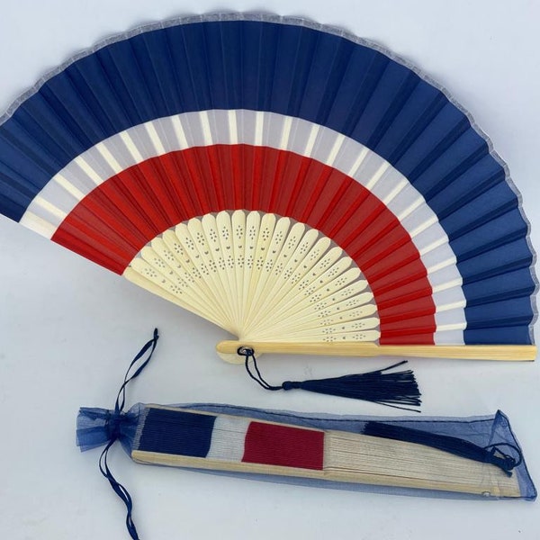 Fabric Fan Blue White Red colour fan with a Tassel Grade A Bamboo Ribs Wedding Party Favour Handheld Fan