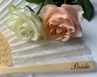 Engraved Bamboo Bride Hand Fan | White Lace Wedding Accessory with Tassel