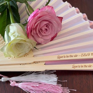 Engraved Personalised Hand Fans Pack of 10 Wedding Favour Party Anniversary Favour Custom Text engraved on the Main Rib with Font Option