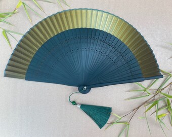 Green Fabric Folding Hand Fan with Pouch & Gift Box