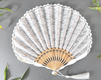 Vintage White Lace Wedding Hand Fan with Tassel and Pouch