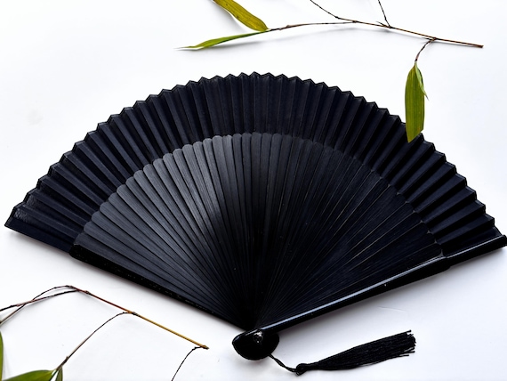 Black Fabric Bamboo Ribs Hand Held Chinese Fan With a Pouch