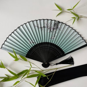 Tokyo Blossom Handheld Folding Hand Fan , Silk Fabric Bamboo Ribs -  Shaded Mint & Olive green