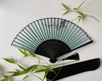 Tokyo Blossom Handheld Folding Hand Fan , Silk Fabric Bamboo Ribs -  Shaded Mint & Olive green