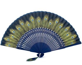 Beautiful Peacock pattern Fabric Bamboo Ribs Hand Held Fan with a Peacock feather tassel and a pouch ( Black background)