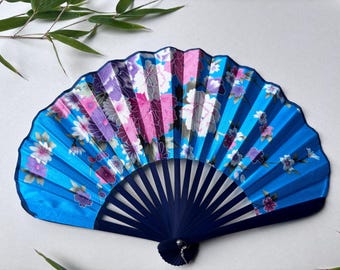Blue Floral Bamboo Fabric Folding Fan | Ascot Wedding Favor Bridesmaid Gift
