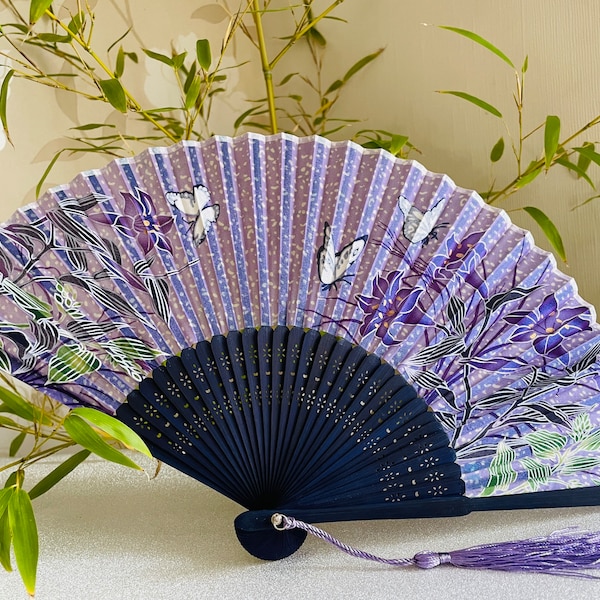 Purple shades Silk Fabric Bamboo Ribs Hand Held Fan with a Pouch , Beautiful Butterflies & Flower print