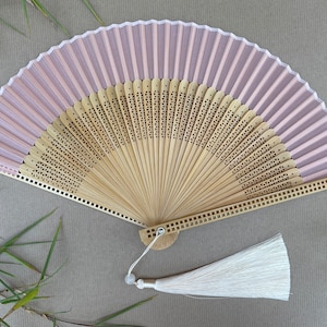 Baby Pink Fabric Border Handheld Folding Hand Fan with Pouch and Box Women Girl Durable High Quality With Tassel and Craved Bamboo Ribs