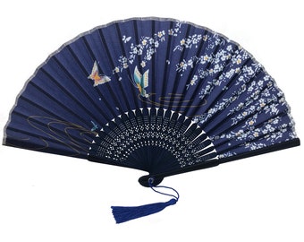 Blue Silk Fabric Dark blue Bamboo Ribs Hand Held Fan with a Pouch , Beautiful Butterfly print