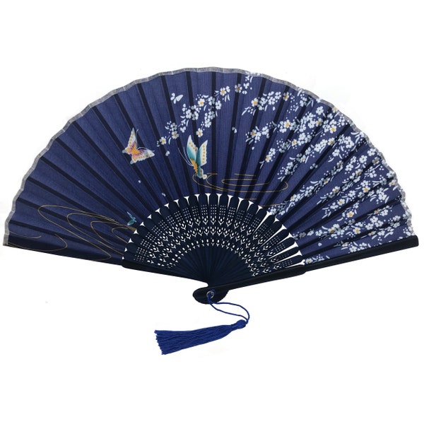 Blauer Seidenstoff Dunkelblau Bamboo Ribs Hand-Fan mit einem Beutel, Schöner Schmetterlingsdruck